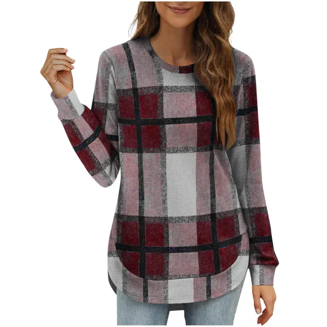 Women's Casual Loose Plaid Long Sleeve Round Neck Irregular Bottoming Shirt Top Wine Red - Shop at LoveMi