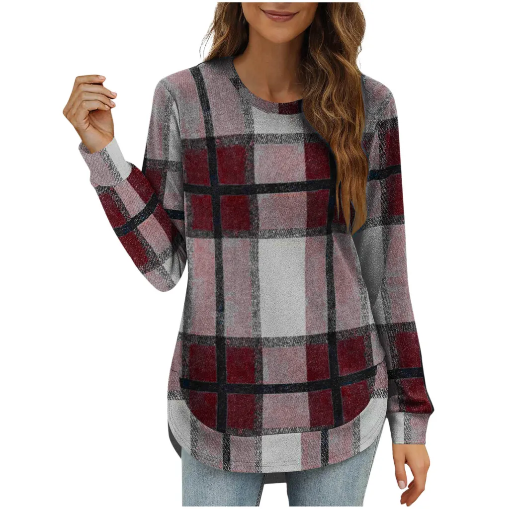 Women's Casual Loose Plaid Long Sleeve Round Neck Irregular Bottoming Shirt Top - Red