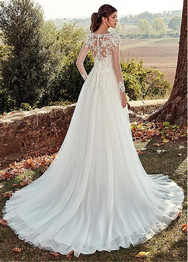 High U neck Lace Long Sleeve A Line Long Tail Simple Wedding Dress White - Shop at LoveMi