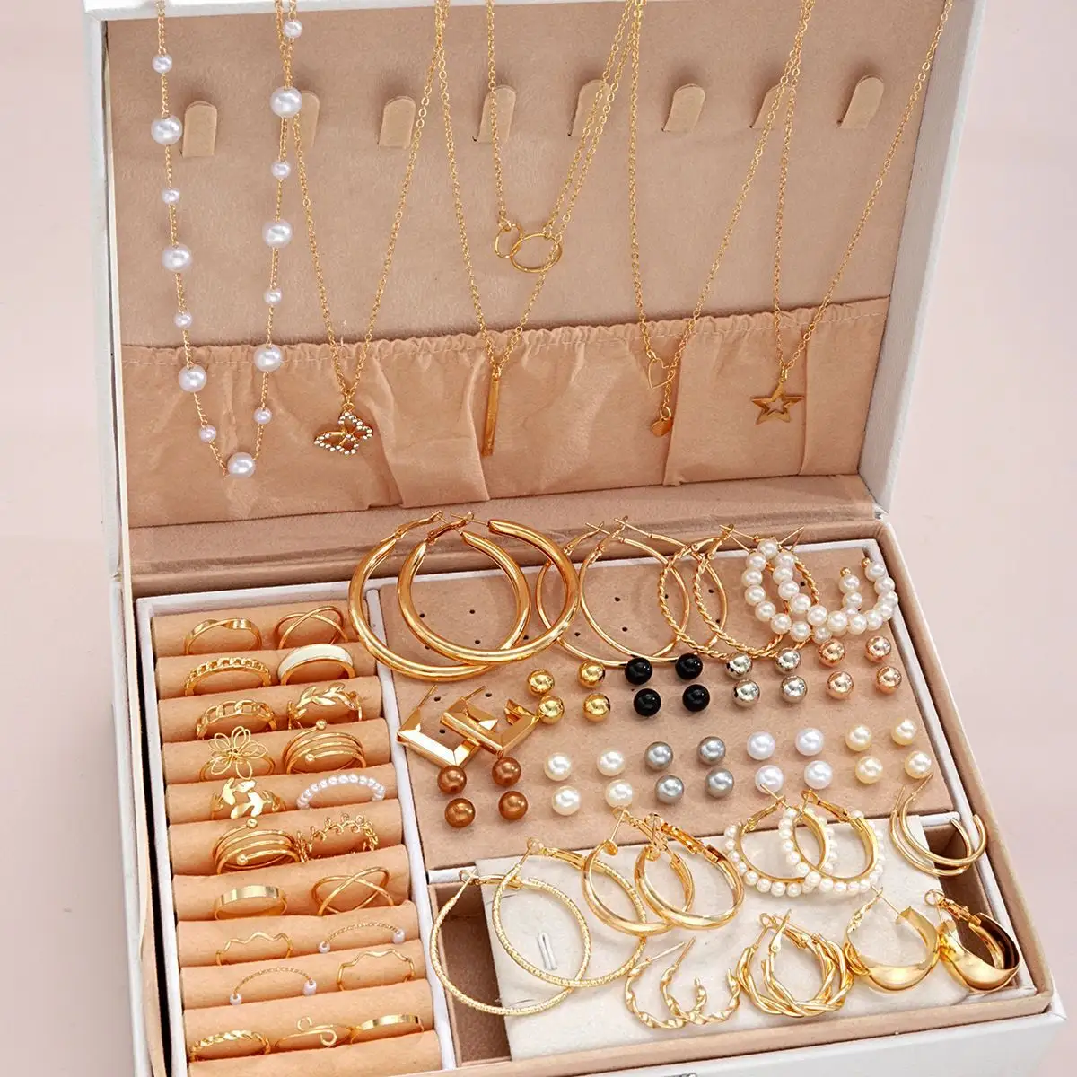 Pearl Alloy Jewelry Ring And Earring Set