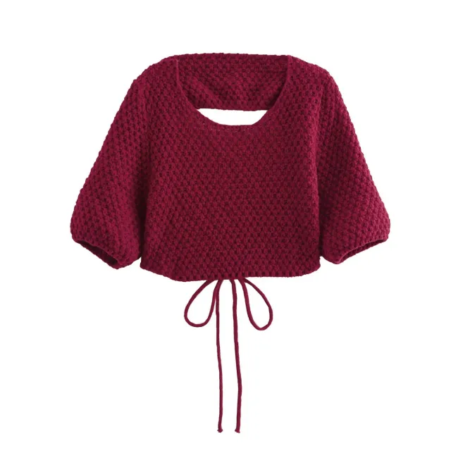 Women's Backless Knitted Lace up Short Sweater Wine Red - Shop at LoveMi