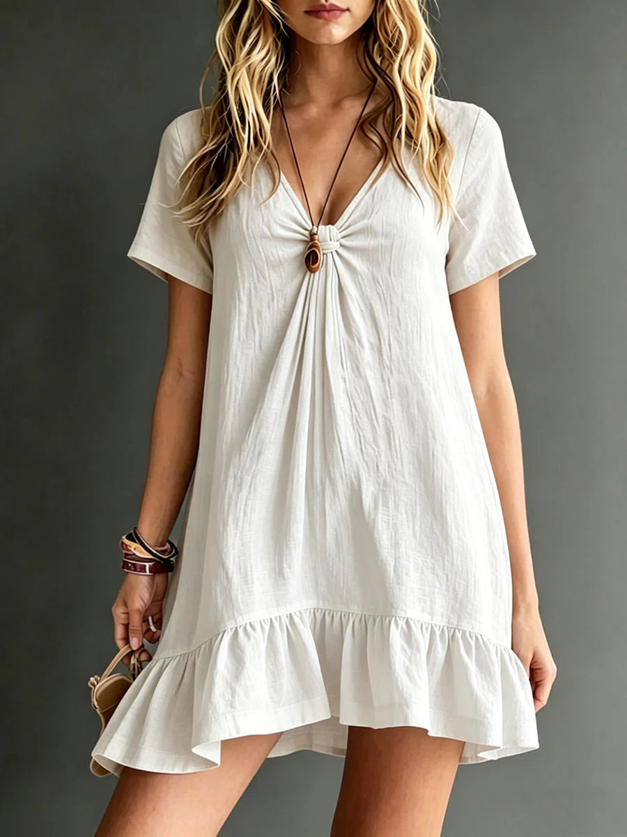 Women's V-Neck Casual Midi Dress in White – short-sleeve ice silk crepe loose fit lifestyle
