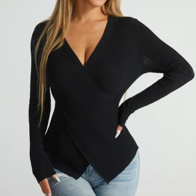 New Irregular Cross Sweater Women Chic Top Sweater Black - Shop at LoveMi