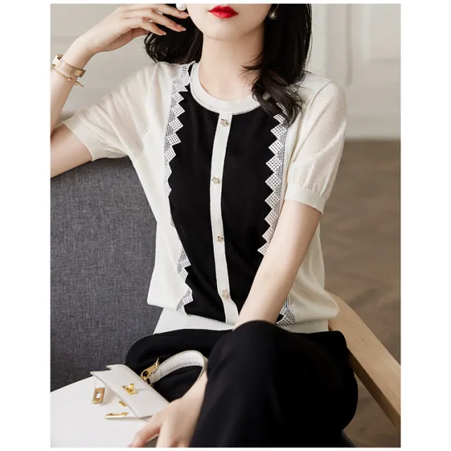 Lace Edge Stitching Button Embellished Knitted Short sleeved Shirt For Women White - Shop at LoveMi