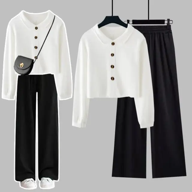 Stylish Cropped Lapel Hoodie Paired With Sleek High waisted Wide leg Pants White - Shop at LoveMi