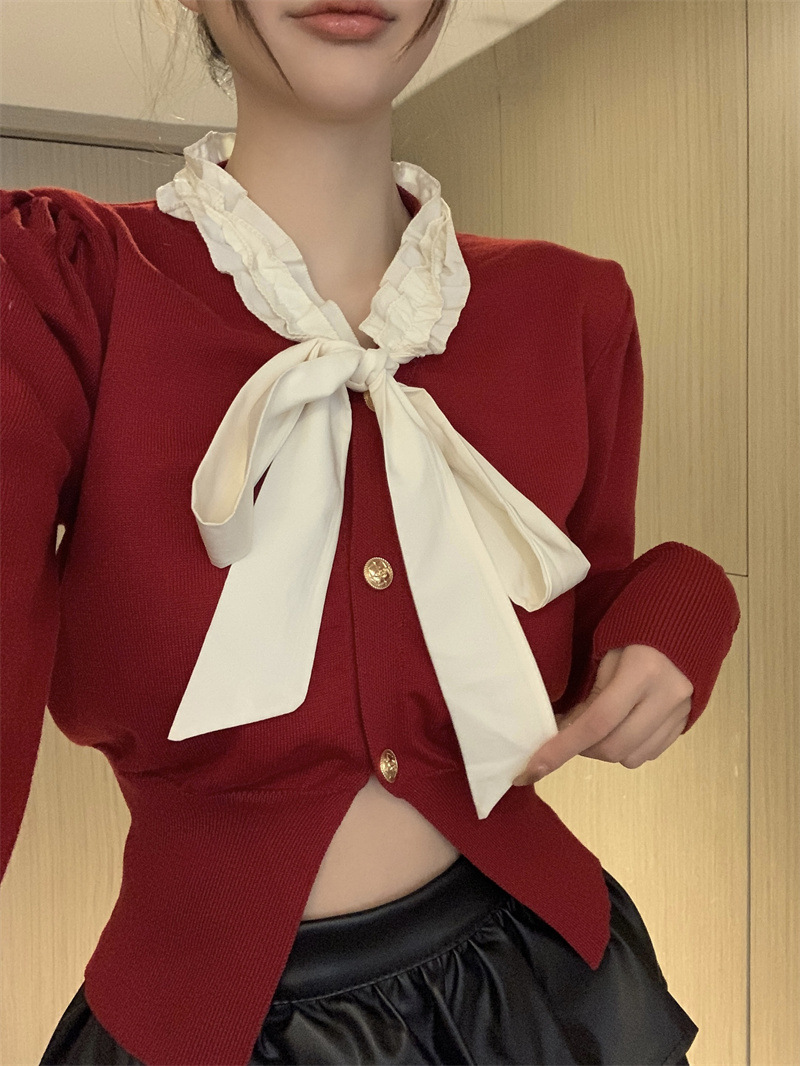 Bow Bandage Long-sleeved Top Women's Short Sweater