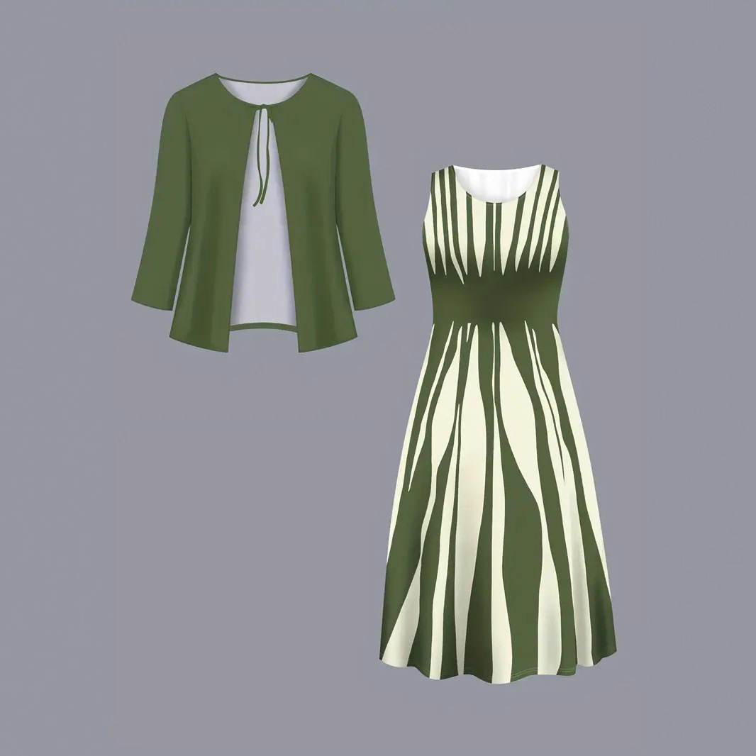 Geometric Print Plus Size Dress Long Sleeve Top Coat Long Skirt Two piece Set Green - Shop at LoveMi