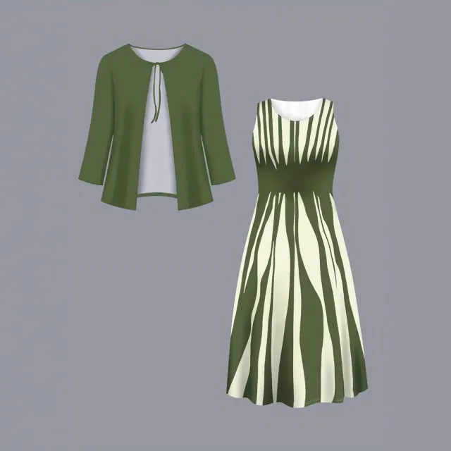 Geometric Print Plus Size Dress Long Sleeve Top Coat Long Skirt Two piece Set Green - Shop at LoveMi