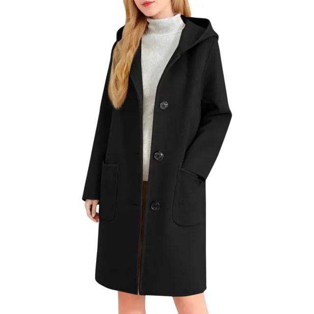Womens Double Faced Wool Coat With Hood Black - Shop at LoveMi