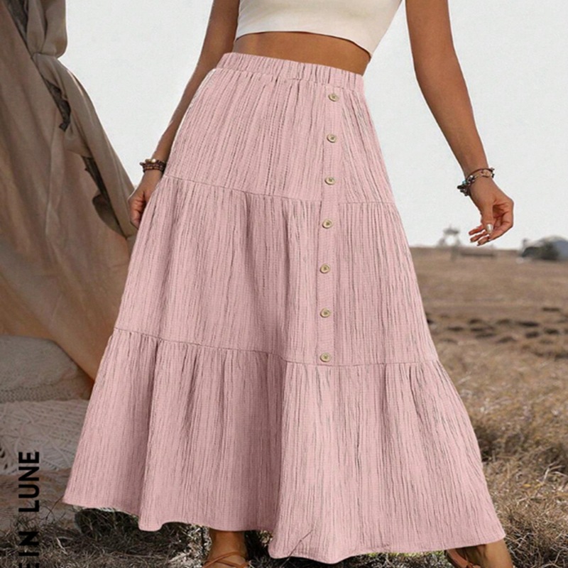 Elastic Waist Comfort Womens Long Tiered Striped Skirt