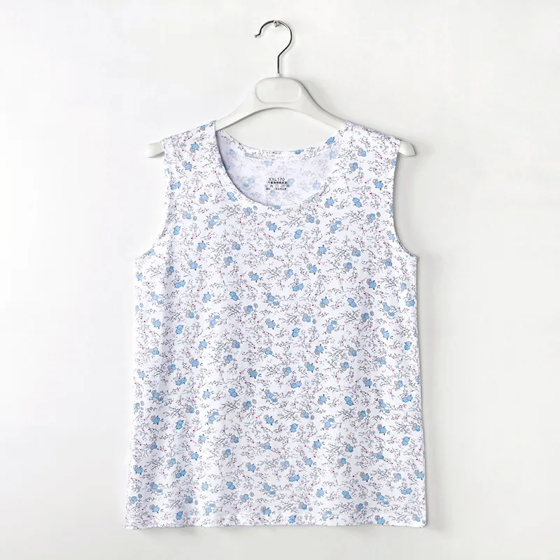 Middle-aged And Elderly Vest Print Round Neck Mother's Undershirt Cotton - Blueberry