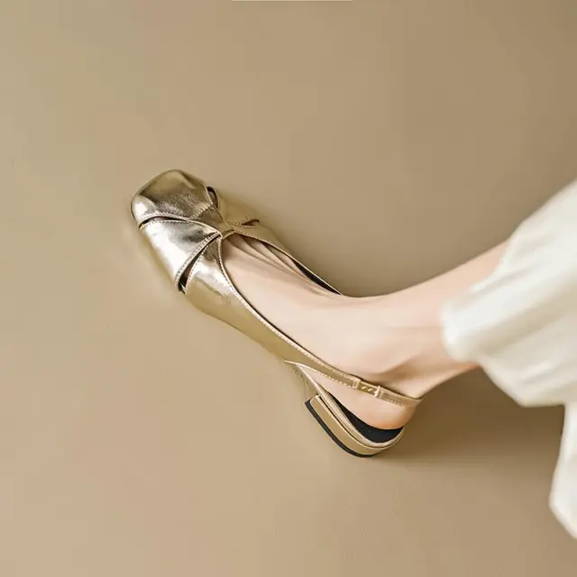 Authentic Leather Toe Box Women's Flat Shoes Back Strap Square Head Gold - Shop at LoveMi