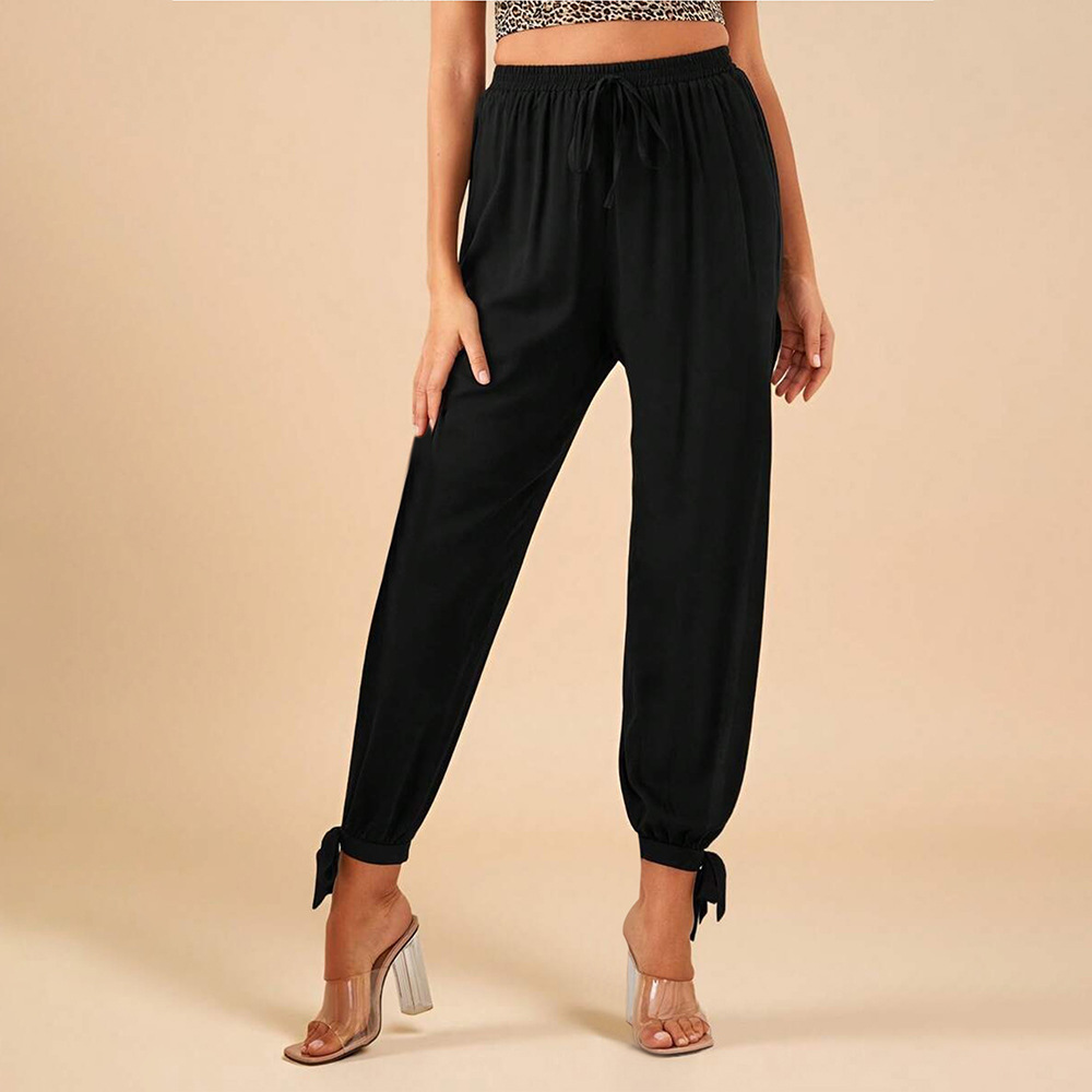 Black High-waisted Drawstring Split-leg Tie-cuff Casual Pants
