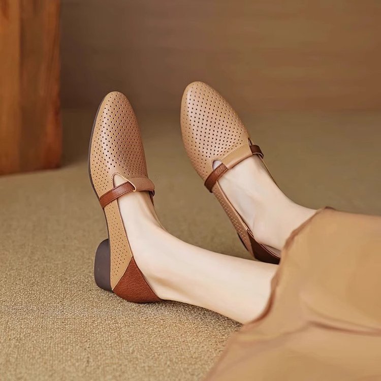 French-style Color-Block Elegant Soft Leather Low-Heel Womens Pumps