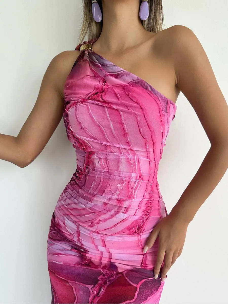 Printed Slim-fit Mid-waist Long Dress For Women - Rose