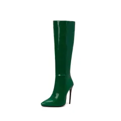 Autumn And Winter New Women Pointed Toe Stiletto Heel Side Zipper Below The Knee Boots - Green - View 1