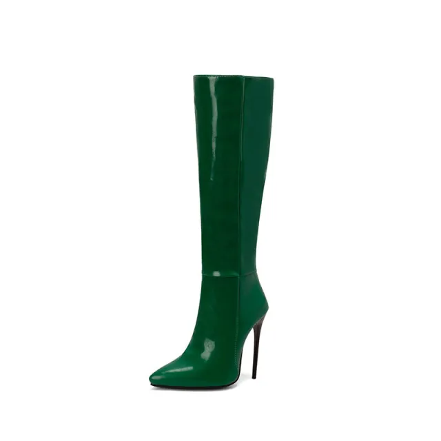 Autumn And Winter New Women Pointed Toe Stiletto Heel Side Zipper Below The Knee Boots Green - Shop at LoveMi