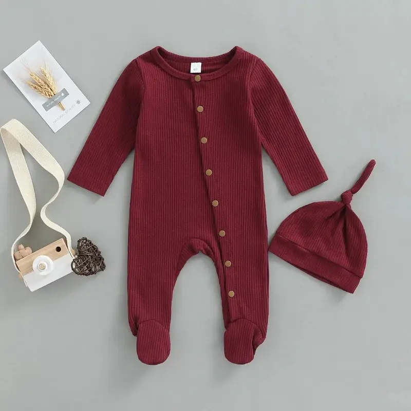 European And American Style Baby Autumn New Solid Color Jumpsuit Plus Beanie