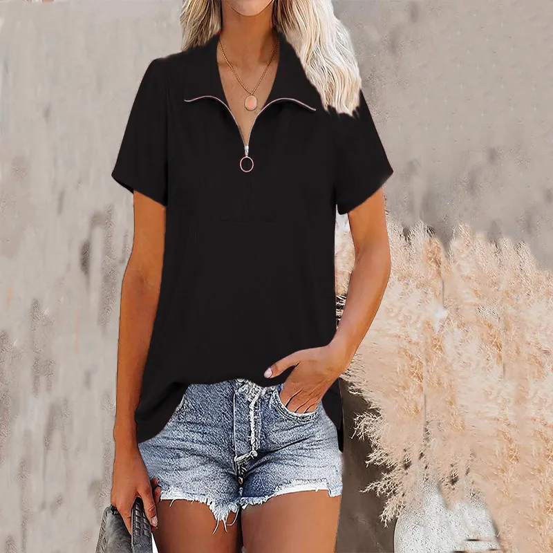 Thread Loose Zip Solid Color Top T-shirt - Black