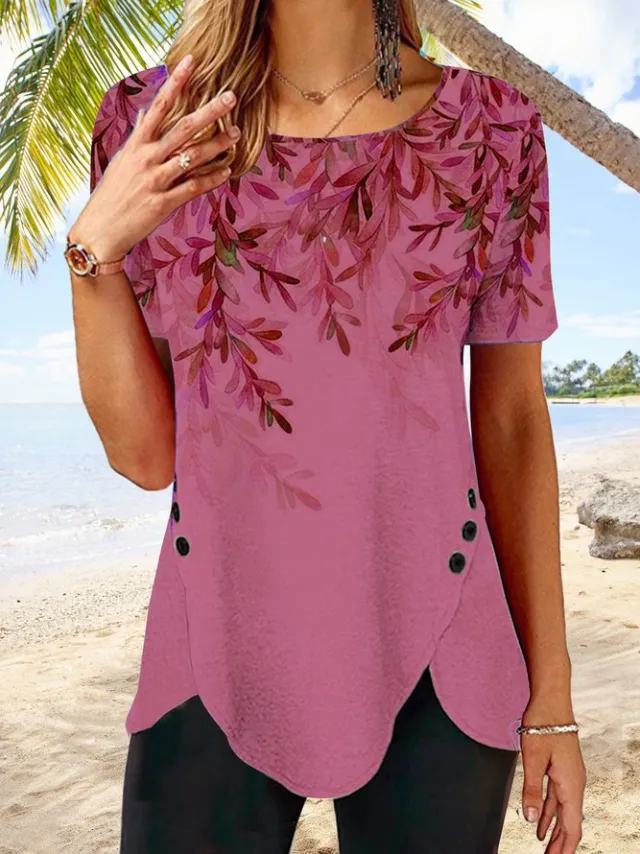 Positioning Printed Button Irregular Hem Round Neck Short Sleeve T shirt Red - Shop at LoveMi