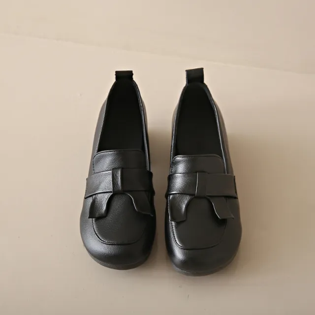 Pumps Women's Soft Bottom Comfortable High Heel Round Toe All match Bow Retro Chunky Heel Leather Shoes Black - Shop at LoveMi