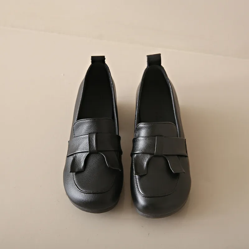 Pumps Women's Soft Bottom Comfortable High Heel Round Toe All-match Bow Retro Chunky Heel Leather Shoes - Black