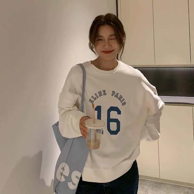 Letter Print Loose Oversized Long Sleeves Sweater Women's Top - White