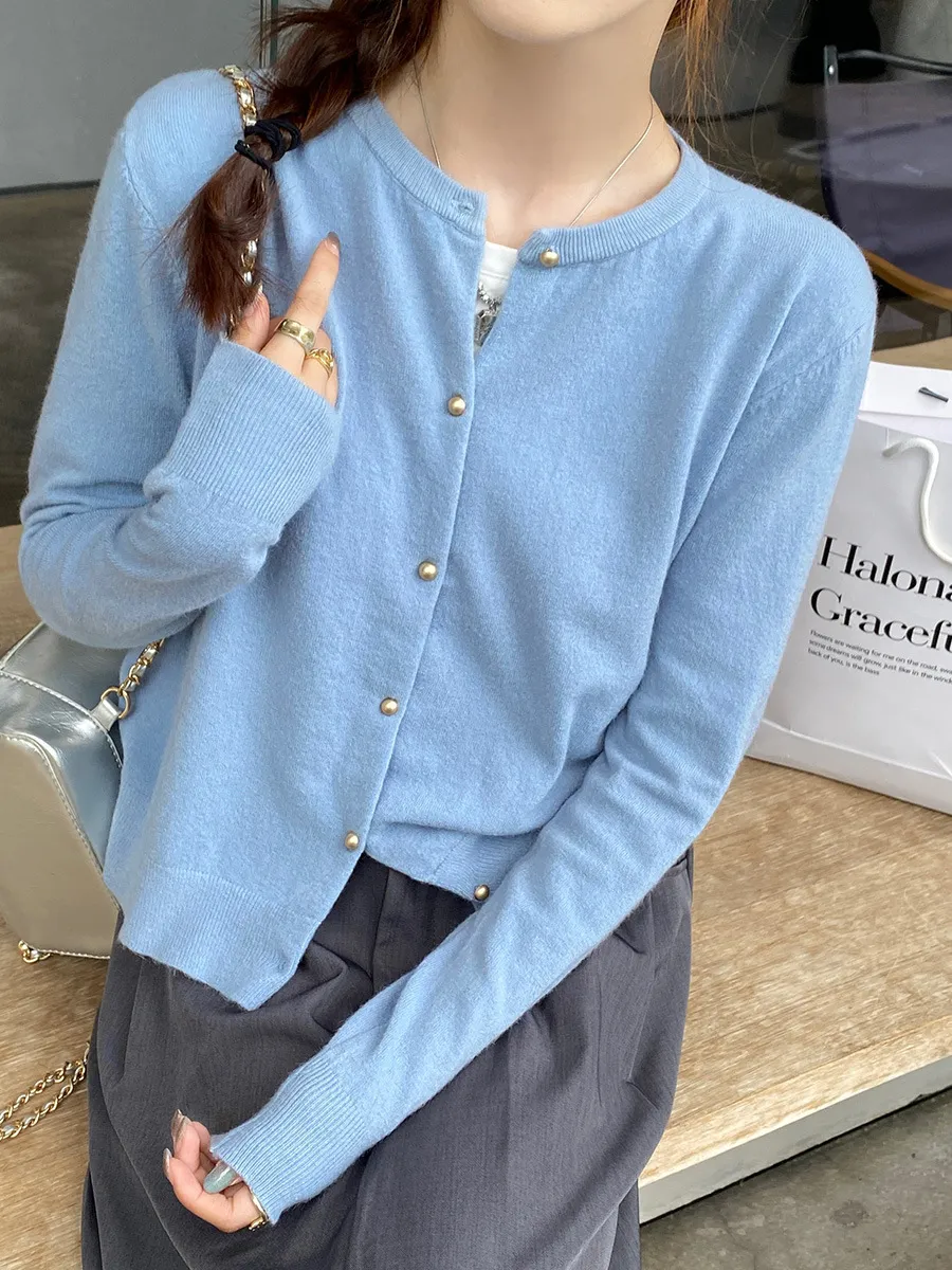 Gray Knitted Cardigan Women's Autumn Outerwear High-grade Sweater Coat - Blue