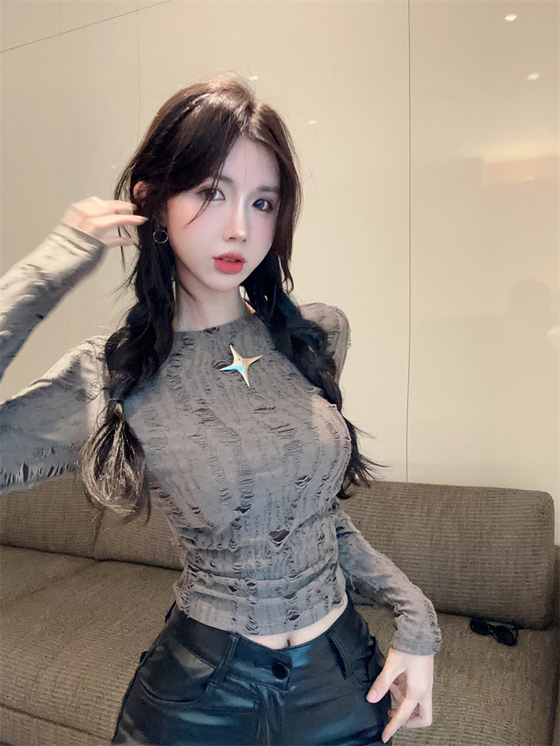 Autumn And Winter Ripped Hollow-out Long-sleeved Bottoming Shirt Inner Wear