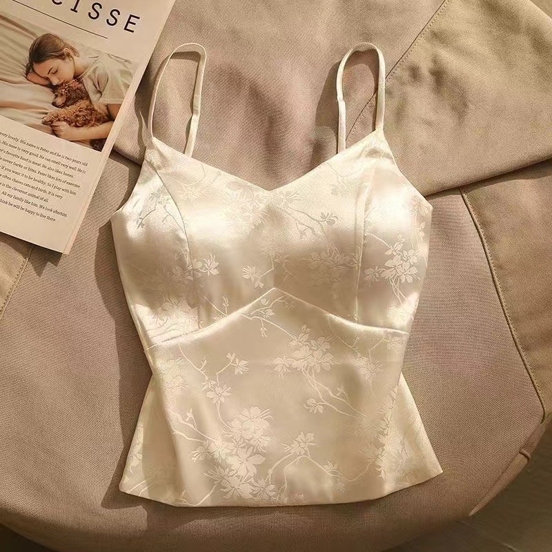 French Jacquard Satin Camisole With Padded Cups And Embroidery For Women — image 1