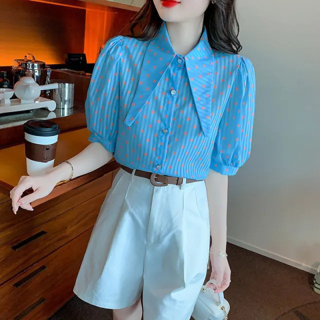 Summer Design French Style Retro Puff Sleeve Women's Short Sleeve Shirt Blue - Shop at LoveMi