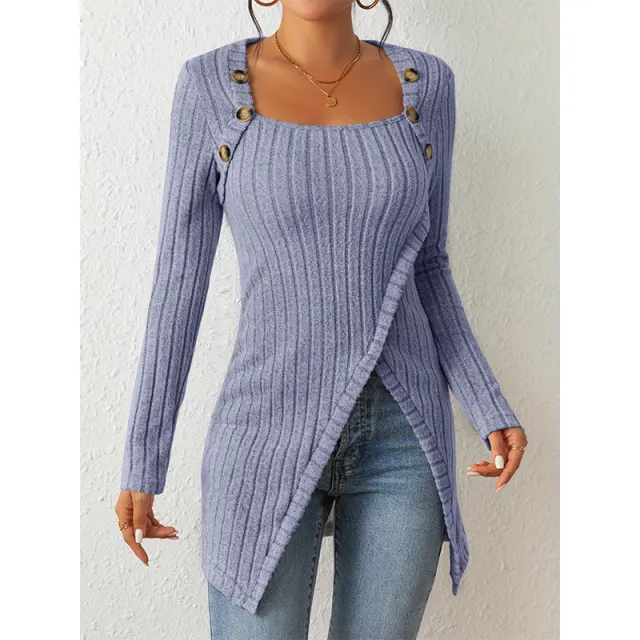 Woman Square neck Off shoulder Slit Sweater Blue - Shop at LoveMi