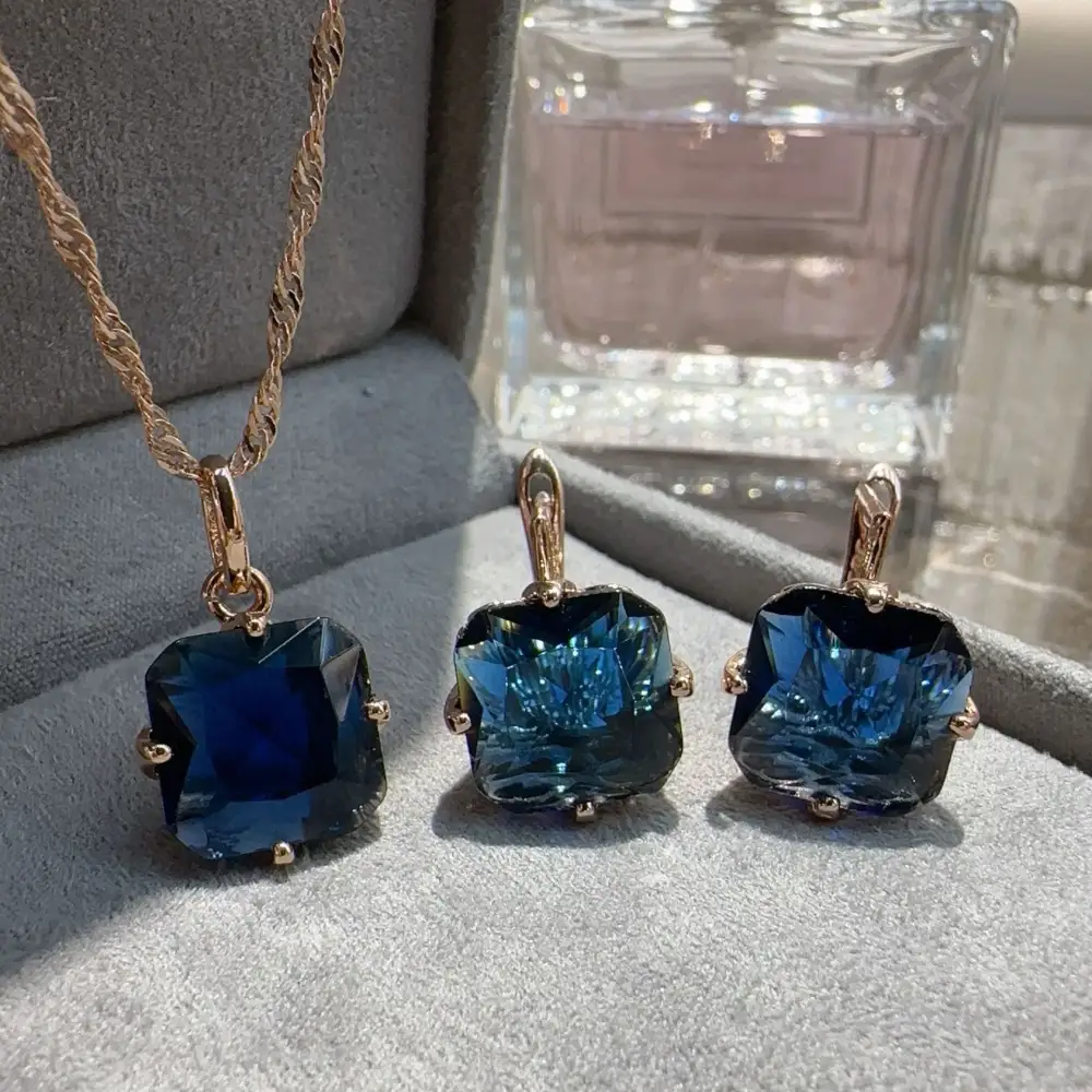 Ornament Sapphire Earrings and Necklace Set
