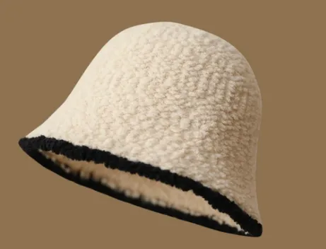 Lamb Roll Color Matching Basin Cap Feminine Temperament Creamy White - Shop at LoveMi