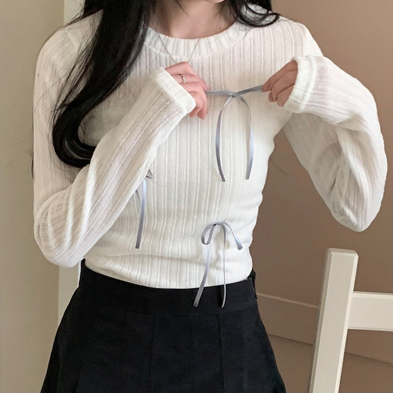 Simple Style Bow Patchwork Knitting Long Sleeve Bottoming Shirt Top