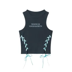 Colourful Double-sided Ribbon Drawstring Letter Embroidery Design Sense Niche Short Vest - Blue - View 1
