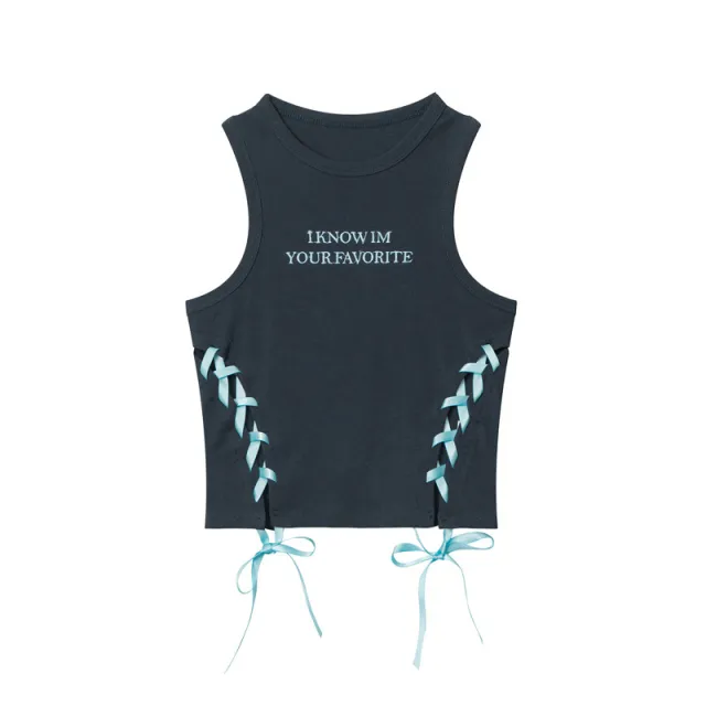 Colorful Double sided Ribbon Drawstring Letter Embroidery Design Sense Niche Short Vest Blue - Shop at LoveMi