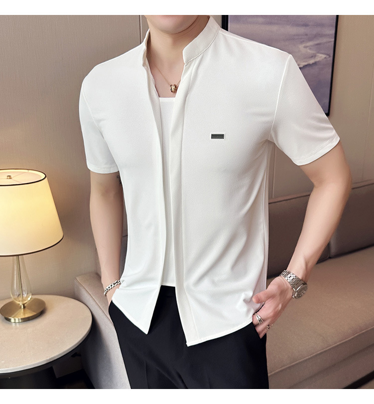 Summer Light Waffle Short Sleeve Shirt Niche Design Stand Collar