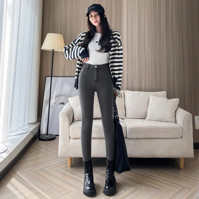 Fleece lined Base High Waist Black Tight Trousers Skinny Pants Gray Cropped Trousers - Shop at LoveMi