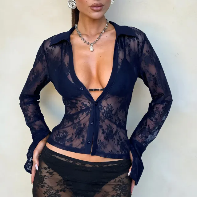 V Style Hollow Lace Cardigan Long Sleeve Top Women's Clothing Navy Blue - Shop at LoveMi
