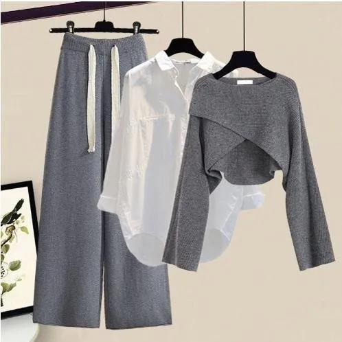 Salt Design Sweater Top Matching Slimming Casual Wide leg Pants Three piece Set Suit 1 Xs - Shop at LoveMi