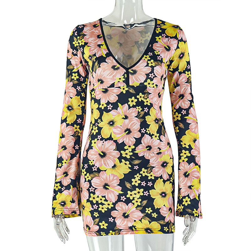 U neck Waist cinching Long sleeve Dress Floral Golden - Shop at LoveMi
