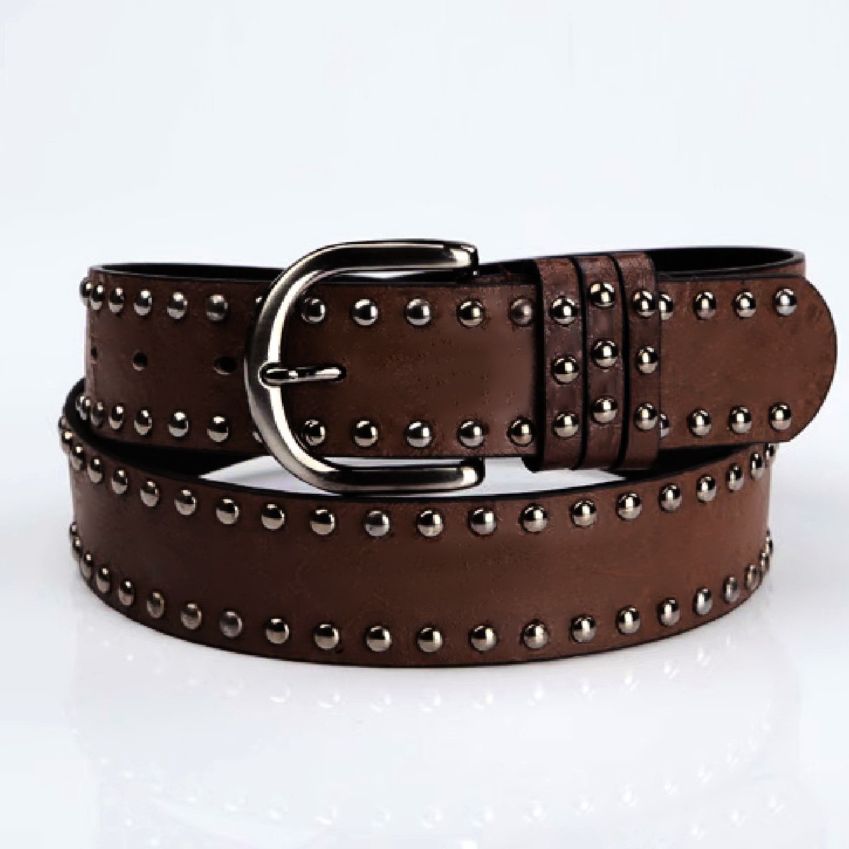Womens Soft-leather Belt With Pin Buckle And Decorative Rivets