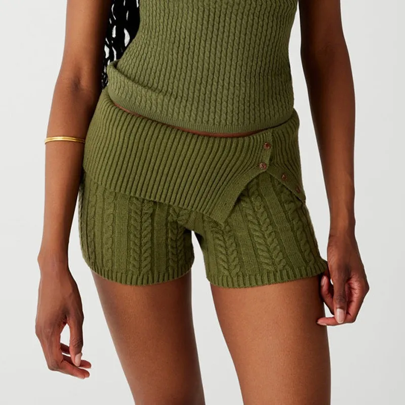 Fashionable Drawstring Knitted Sexy Women's Shorts - Button Style Green