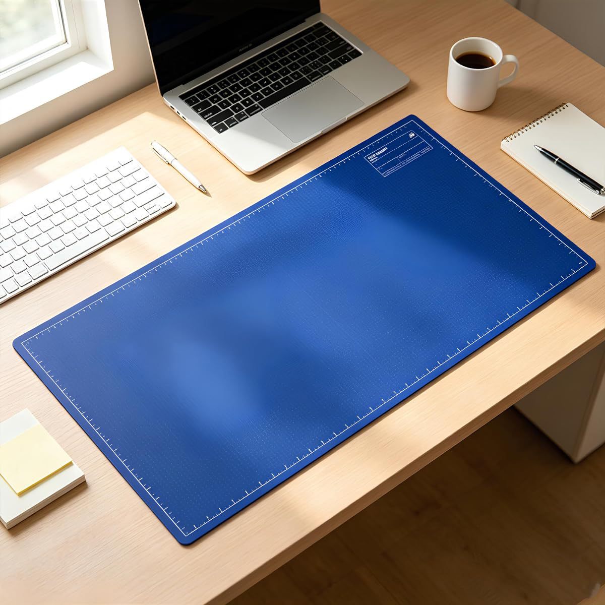 Blueprint desk mat under a laptop and keyboard on a wooden desk by a window