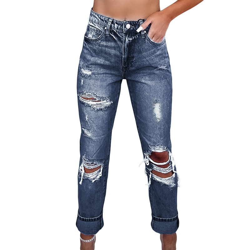 Retro Tattered Straight High Waist Skinny Jeans Lc7874095 P605 - Shop at LoveMi