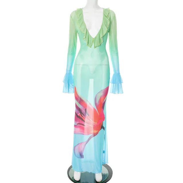 Printed Mesh Long Sleeve Ruffles Long Dress Women Blue - Shop at LoveMi