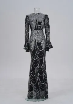 Long Sleeve Round Neck Slim-fit Sheath Sequined Banquet Fishtail Evening Dress - Black And Silver - View 1