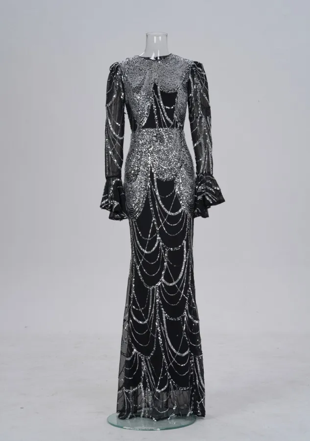 Long Sleeve Round Neck Slim fit Sheath Sequined Banquet Fishtail Evening Dress Black And Silver - Shop at LoveMi