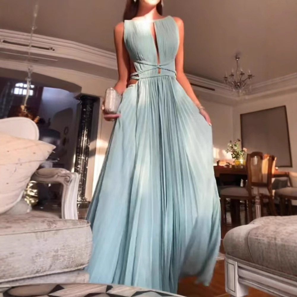 Women's Pleated Tie Sleeveless Backless Solid Color Slim Fit Large Swing Dress